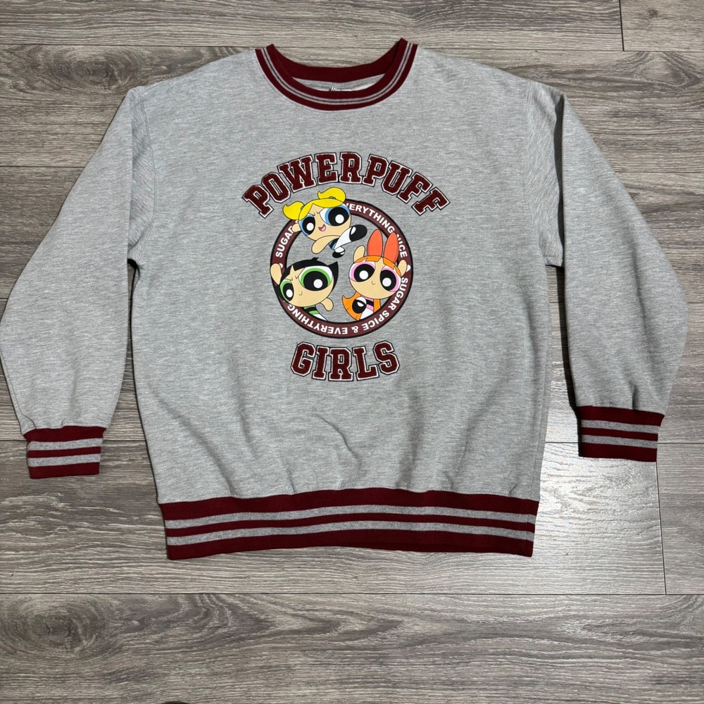 Powerpuff Girls Unisex Gray Sweatshirt Red Trim Cartoon Network Anime Graphic L